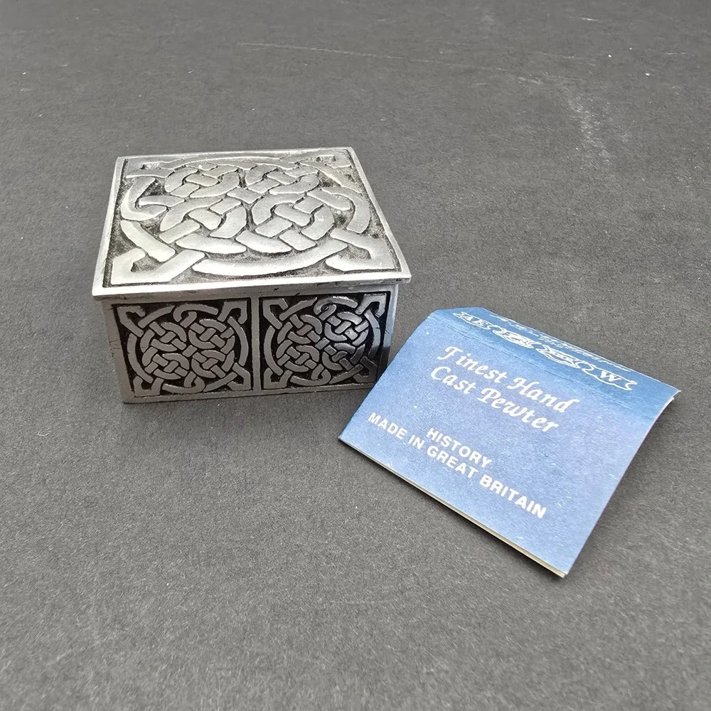 A.E. Williams Celtic Knot Pewter Trinket Box Blue Velvet Lining Made in England